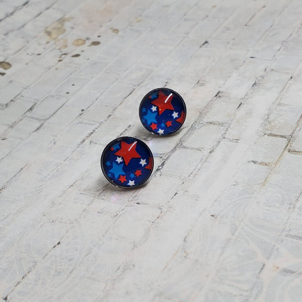 Blue & Red Star Earrings | 12mm Studs | Patriotic Earrings