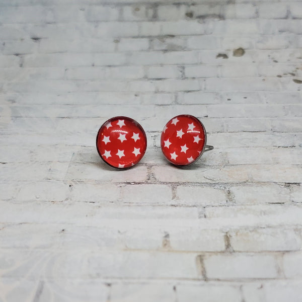 Red & White Star Earrings | 12mm Studs | Patriotic Earrings
