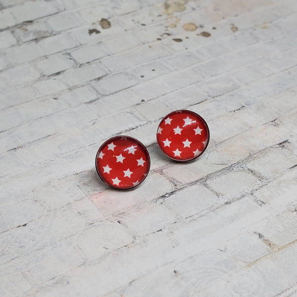 Red & White Star Earrings | 12mm Studs | Patriotic Earrings