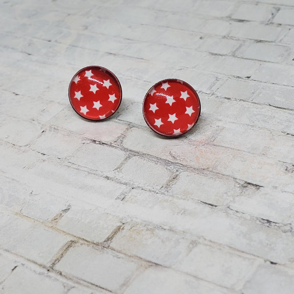 Red & White Star Earrings | 12mm Studs | Patriotic Earrings