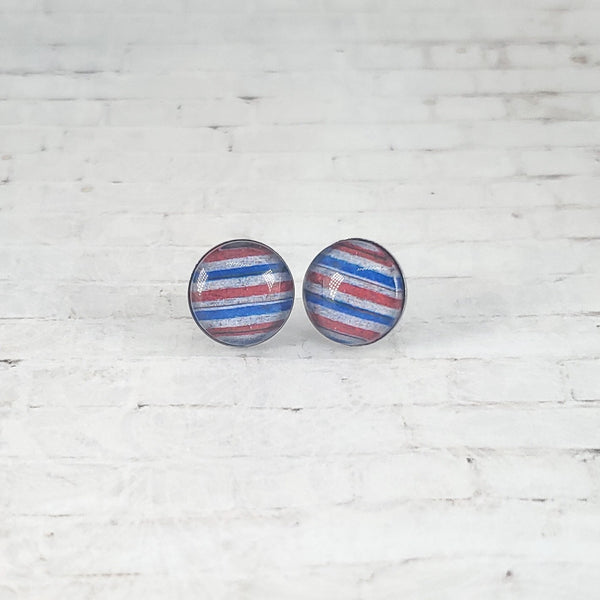 USA Vintage Stripe Earrings | 12mm Studs | Patriotic Earrings