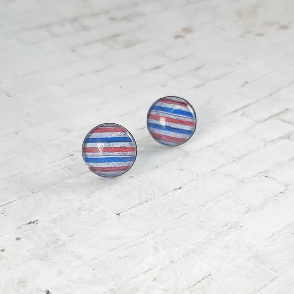 USA Vintage Stripe Earrings | 12mm Studs | Patriotic Earrings