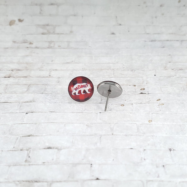 Mama Bear Earrings | 12mm Studs | Buffalo Plaid Mama Bear