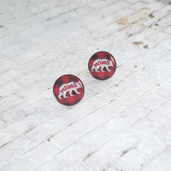 Mama Bear Earrings | 12mm Studs | Buffalo Plaid Mama Bear