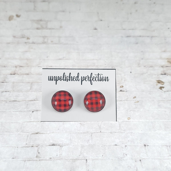 Red Buffalo Plaid Earrings | 12mm Studs
