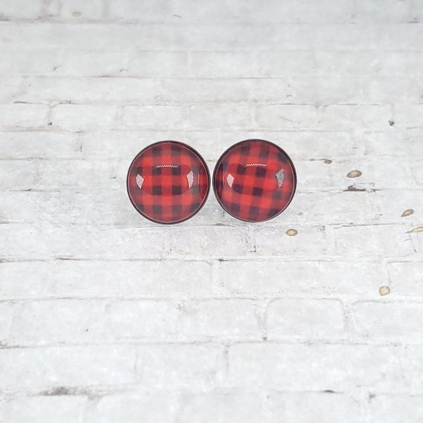 Red Buffalo Plaid Earrings | 12mm Studs