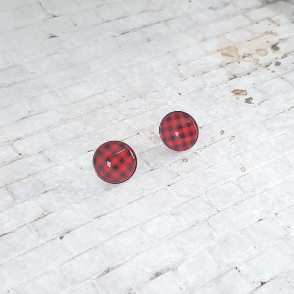 Red Buffalo Plaid Earrings | 12mm Studs