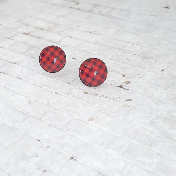 Red Buffalo Plaid Earrings | 12mm Studs