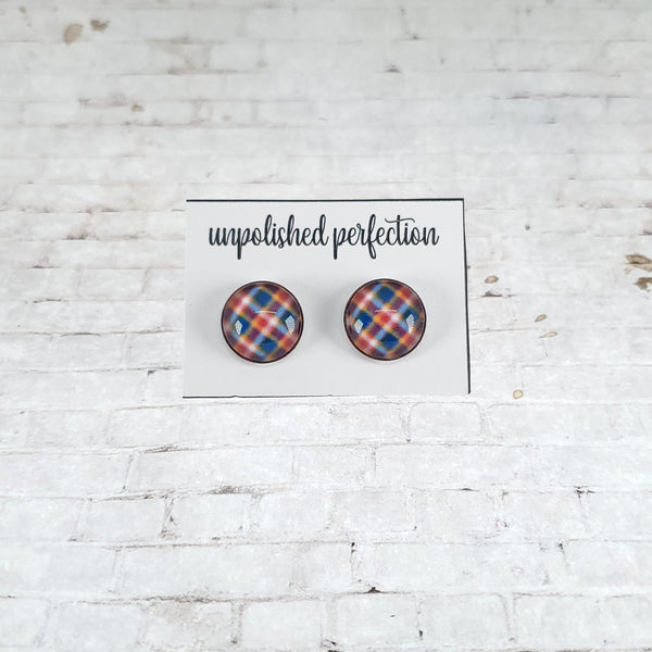 Orange & Blue Plaid Earrings | 12mm Studs