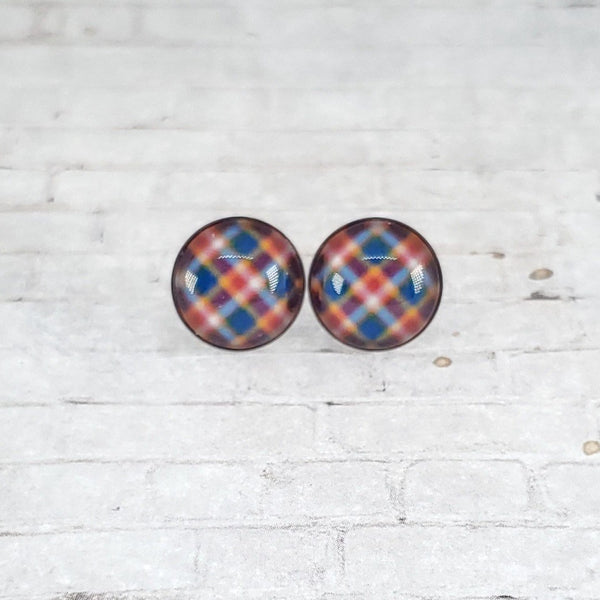 Orange & Blue Plaid Earrings | 12mm Studs