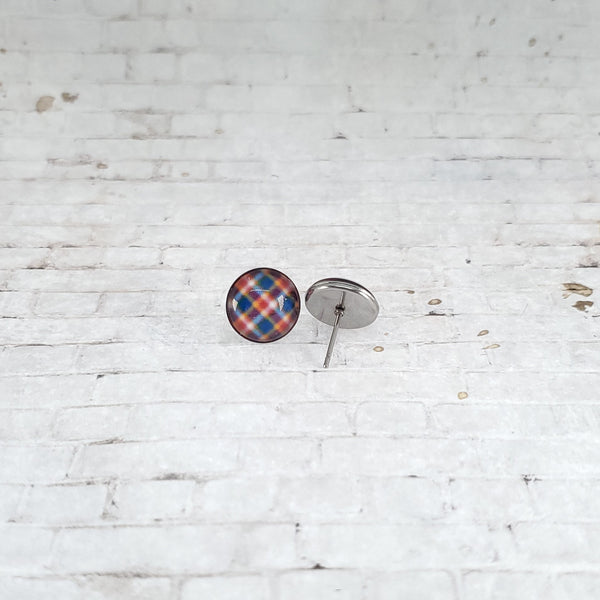 Orange & Blue Plaid Earrings | 12mm Studs