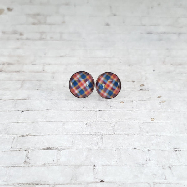 Orange & Blue Plaid Earrings | 12mm Studs