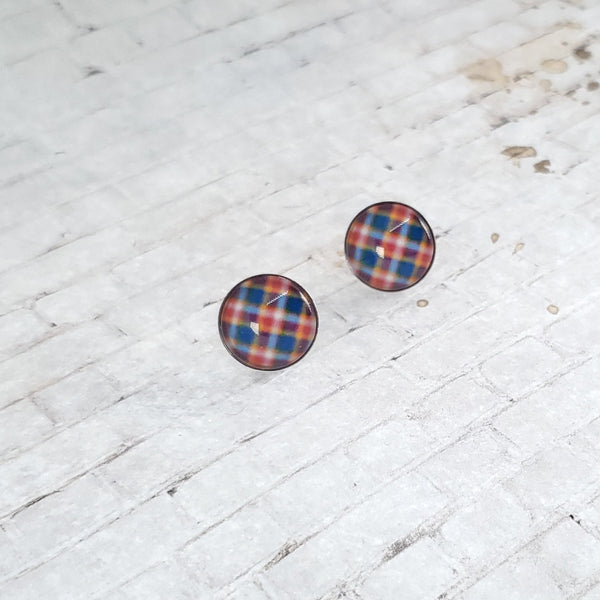 Orange & Blue Plaid Earrings | 12mm Studs