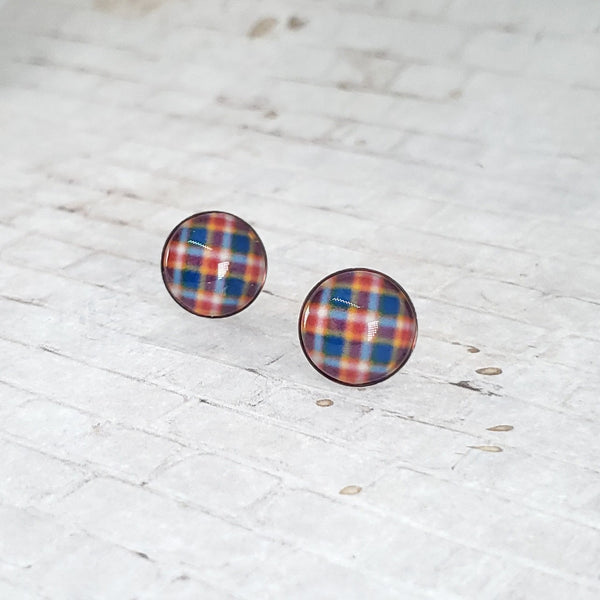 Orange & Blue Plaid Earrings | 12mm Studs