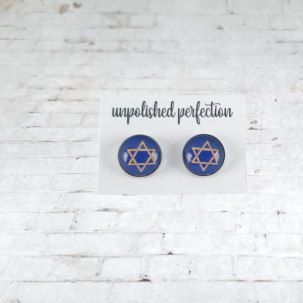 Star of David Stud Earrings | 12mm Studs | Navy with Gold Star