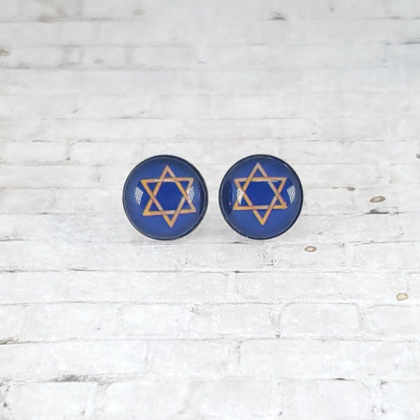 Star of David Stud Earrings | 12mm Studs | Navy with Gold Star