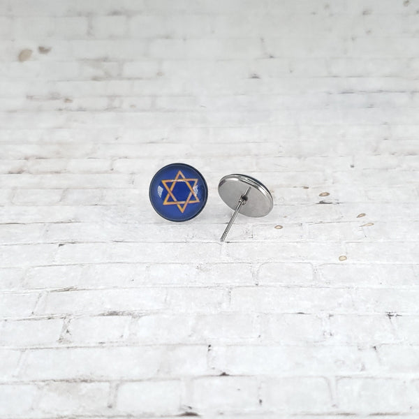 Star of David Stud Earrings | 12mm Studs | Navy with Gold Star