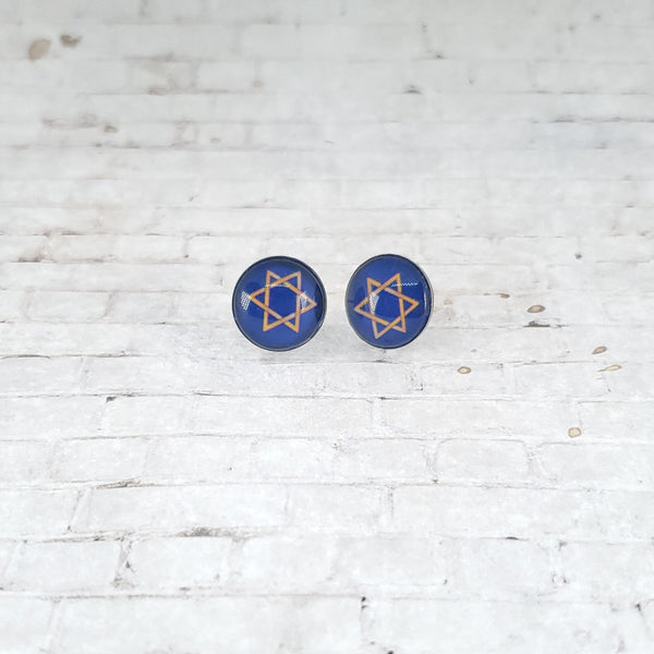 Star of David Stud Earrings | 12mm Studs | Navy with Gold Star