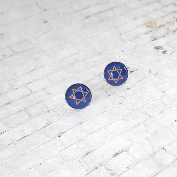 Star of David Stud Earrings | 12mm Studs | Navy with Gold Star
