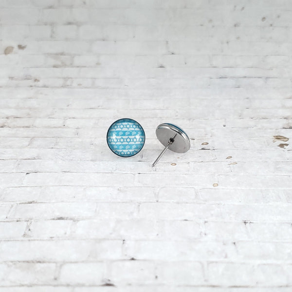 Star of David Pattern Earrings | 12mm Studs | Light Blue and White