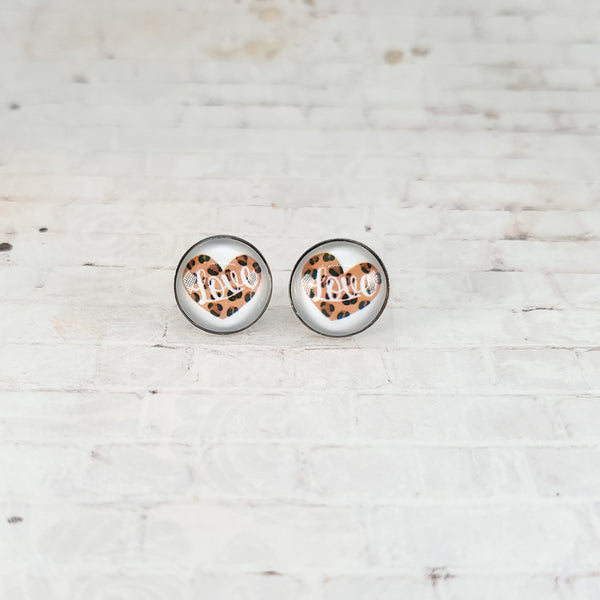 Leopard Print "Love" Heart Earrings | 12mm Studs | Valentine's Day Stud Earrings
