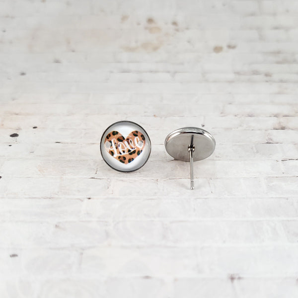 Leopard Print "Love" Heart Earrings | 12mm Studs | Valentine's Day Stud Earrings