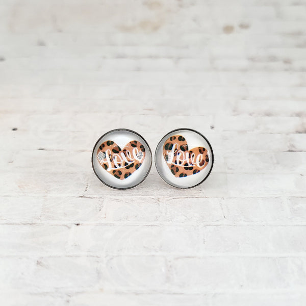 Leopard Print "Love" Heart Earrings | 12mm Studs | Valentine's Day Stud Earrings