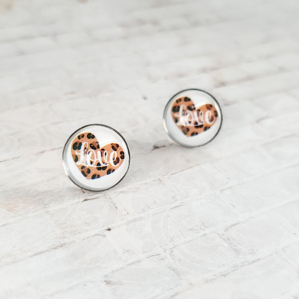 Leopard Print "Love" Heart Earrings | 12mm Studs | Valentine's Day Stud Earrings