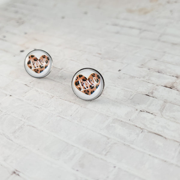 Leopard Print "Love" Heart Earrings | 12mm Studs | Valentine's Day Stud Earrings