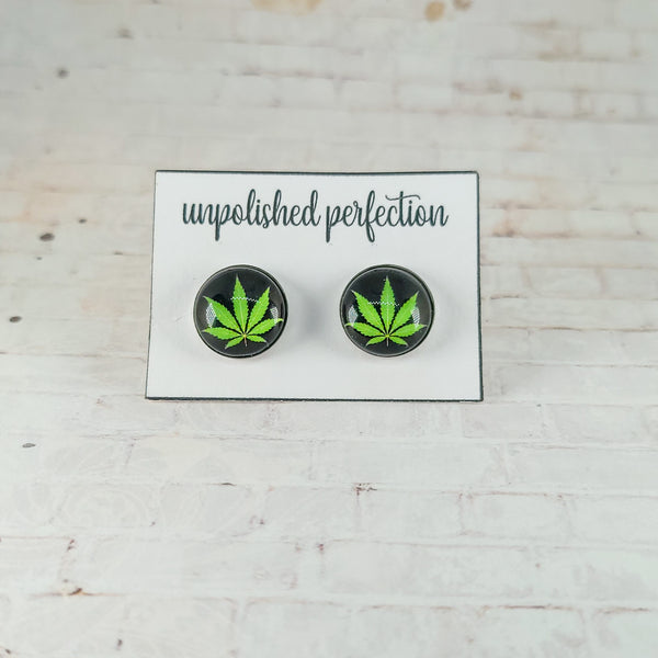 Marijuana Leaf Earrings | 12mm Studs | Black & Green