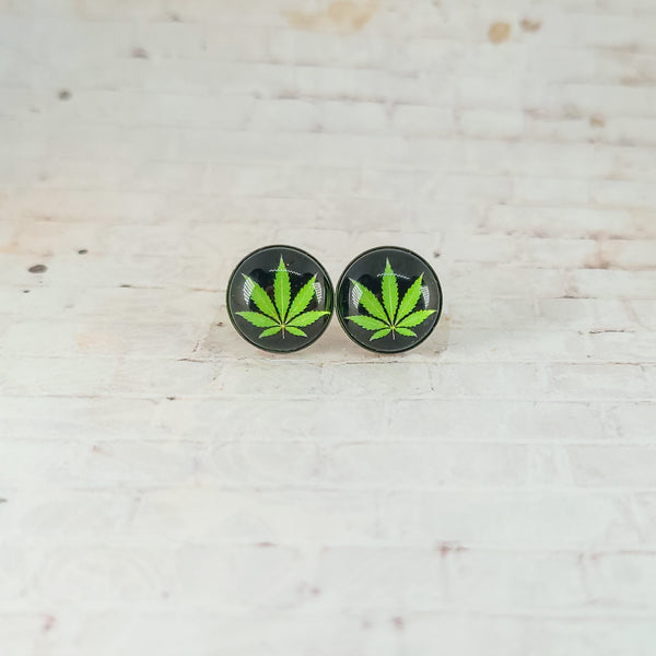 Marijuana Leaf Earrings | 12mm Studs | Black & Green