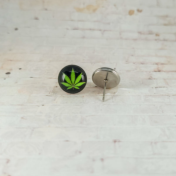 Marijuana Leaf Earrings | 12mm Studs | Black & Green