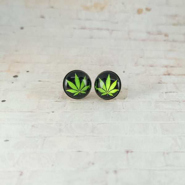 Marijuana Leaf Earrings | 12mm Studs | Black & Green