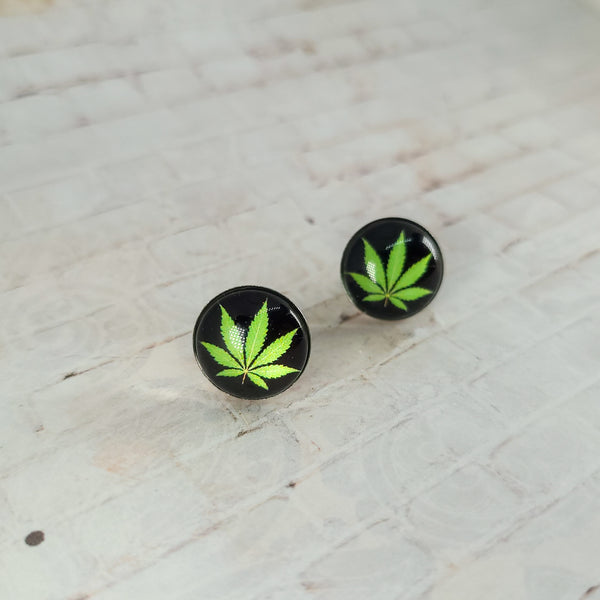 Marijuana Leaf Earrings | 12mm Studs | Black & Green