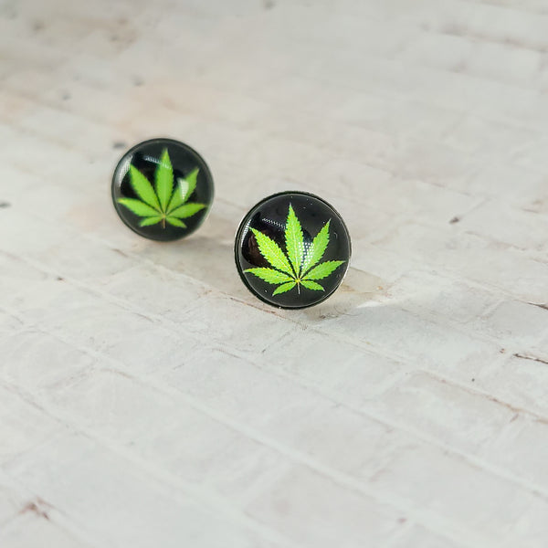 Marijuana Leaf Earrings | 12mm Studs | Black & Green