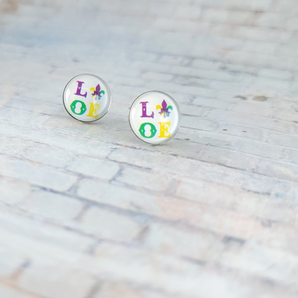 LOVE Earrings | 12mm Studs | Mardi Gras Stud Earrings