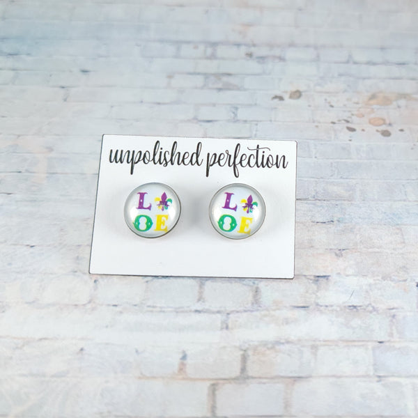 LOVE Earrings | 12mm Studs | Mardi Gras Stud Earrings