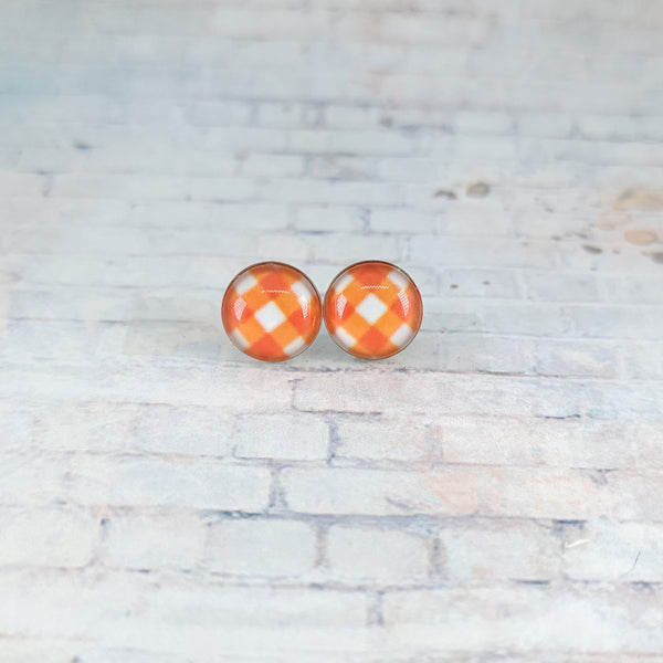 Orange & White Plaid Earrings | 12mm Studs