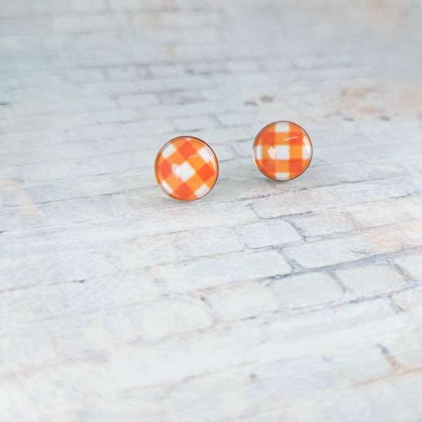 Orange & White Plaid Earrings | 12mm Studs