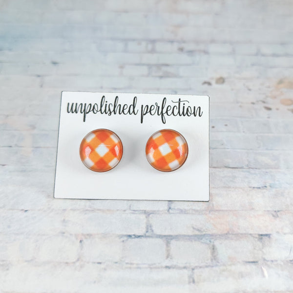 Orange & White Plaid Earrings | 12mm Studs