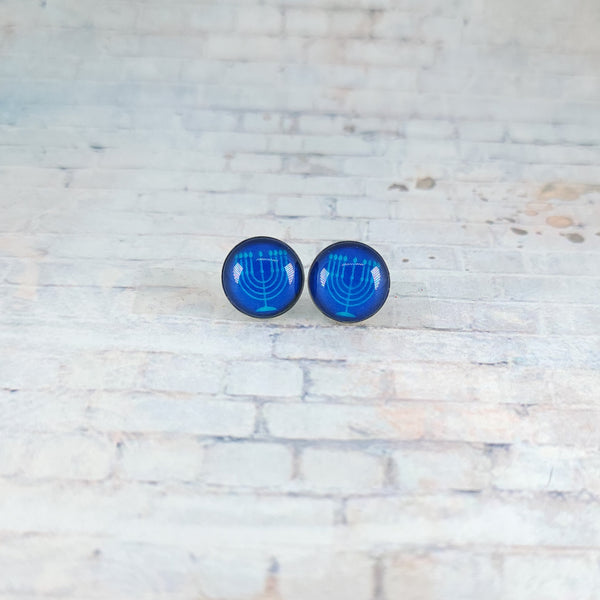 Hanukkah Menorah Earrings | 12mm Studs | Royal Blue & Light Blue