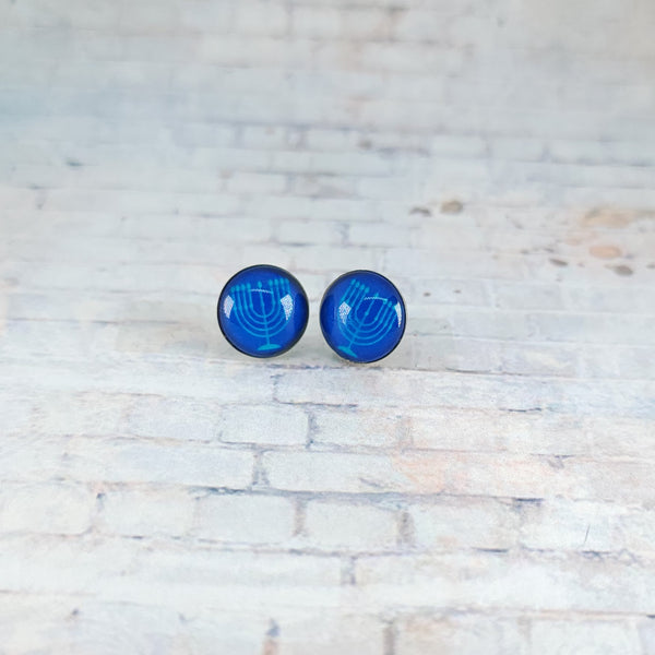 Hanukkah Menorah Earrings | 12mm Studs | Royal Blue & Light Blue