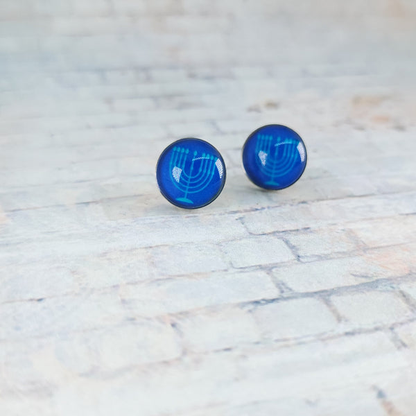 Hanukkah Menorah Earrings | 12mm Studs | Royal Blue & Light Blue