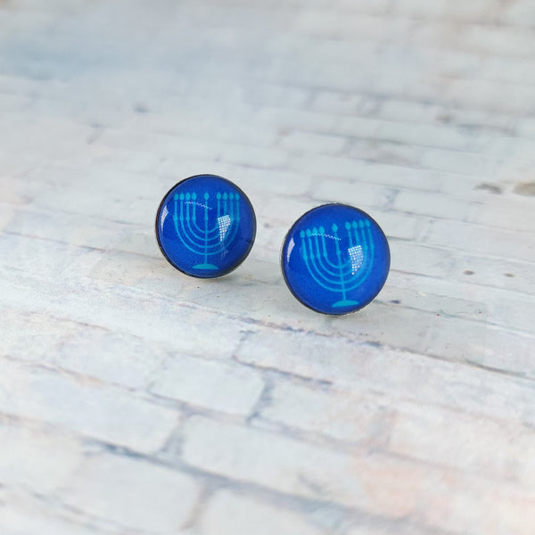 Hanukkah Menorah Earrings | 12mm Studs | Royal Blue & Light Blue