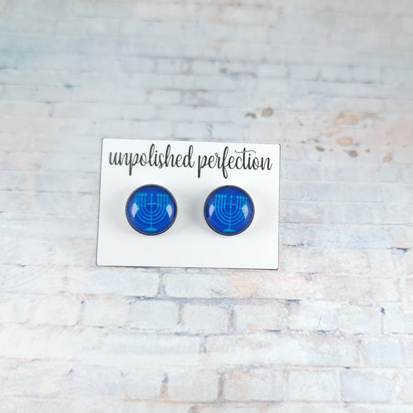 Hanukkah Menorah Earrings | 12mm Studs | Royal Blue & Light Blue