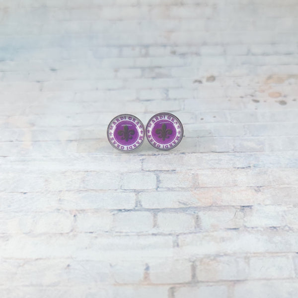 Purple Mardi Gras Earrings | 12mm Studs | Mardi Gras Stud Earrings