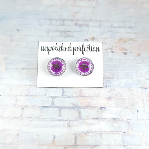 Purple Mardi Gras Earrings | 12mm Studs | Mardi Gras Stud Earrings