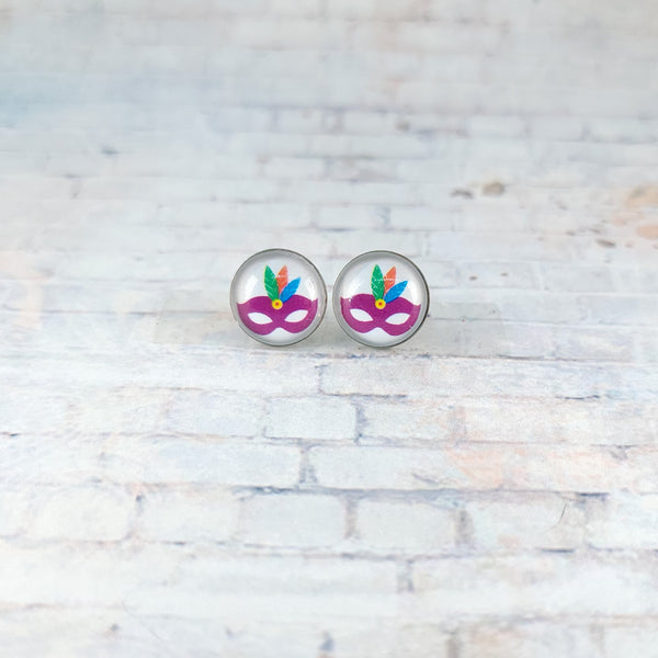 Mardi Gras Mask Earrings | 12mm Studs | Mardi Gras Stud Earrings