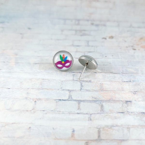 Mardi Gras Mask Earrings | 12mm Studs | Mardi Gras Stud Earrings