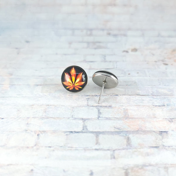 Marijuana Leaf Earrings | 12mm Studs | Black & Orange